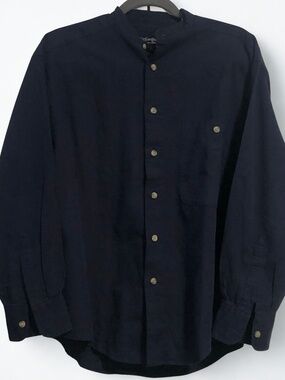Yves Saint Laurent YSL Rive Gauche Navy Collarless Button Up Shirt Mens SMALL
